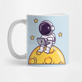 Cute Astronaut Working With Laptop On Moon With Star  Cartoon Mug